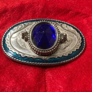 Vintage-Style Oval Belt Buckle with Large Cobalt Blue Gem